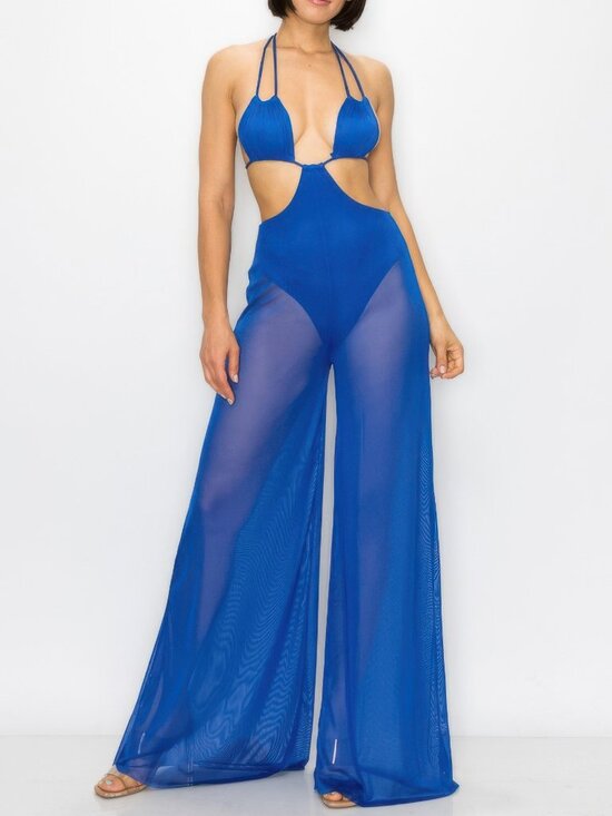 Pants - Brand New Ladies Royal Blue Bikini Top Wide Leg Jumpsuit Size Small Beachwear